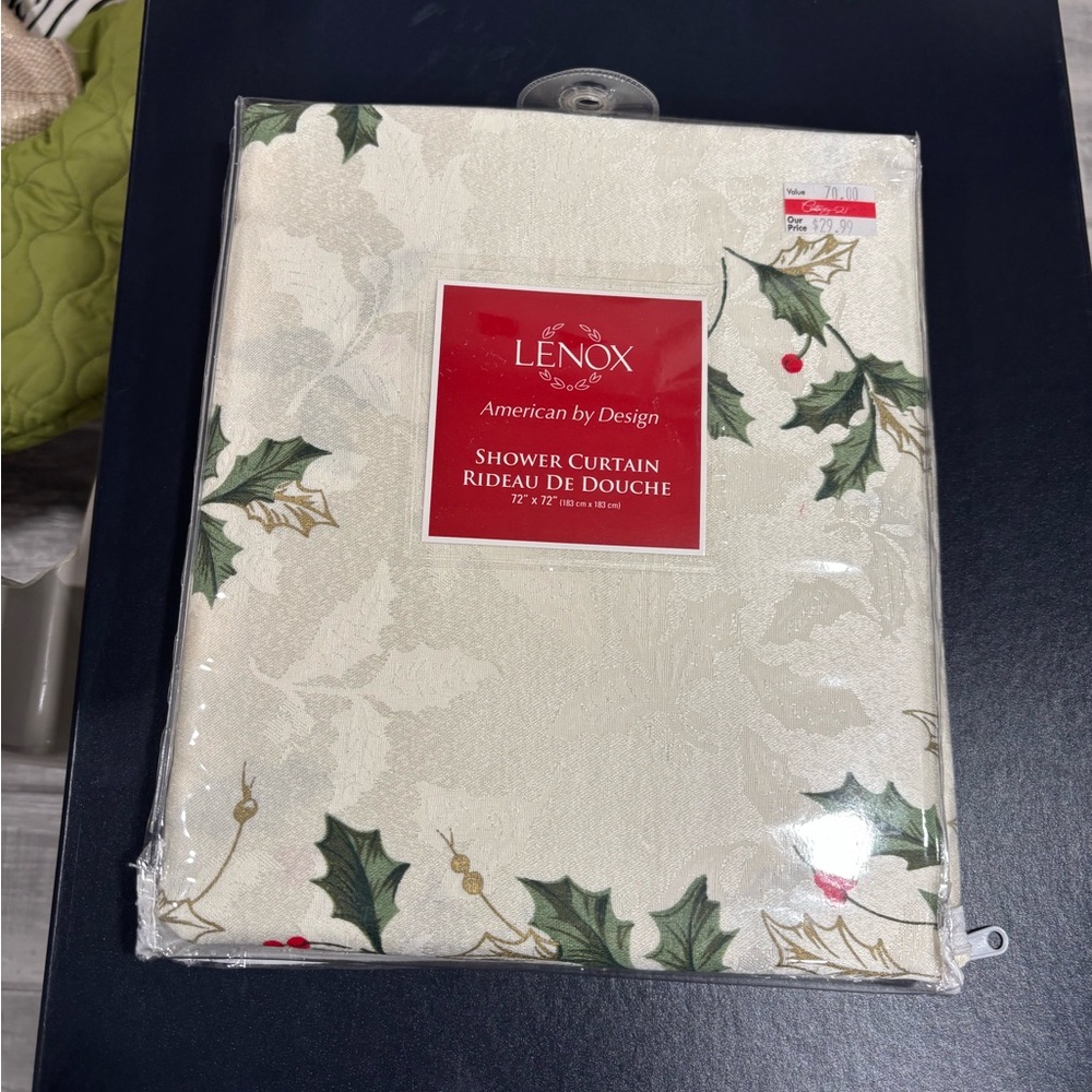 Lenox Cream Shower Curtain with Holly and Gold Accents